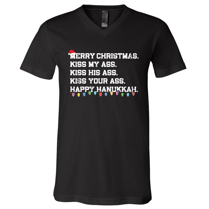 Merry Christmas Kiss My Ass His Ass Your Ass Happy Hanukkah V-Neck T-Shirt