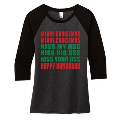 Merry Christmas Kiss My Ass Funny Hanukkah Women's Tri-Blend 3/4-Sleeve Raglan Shirt