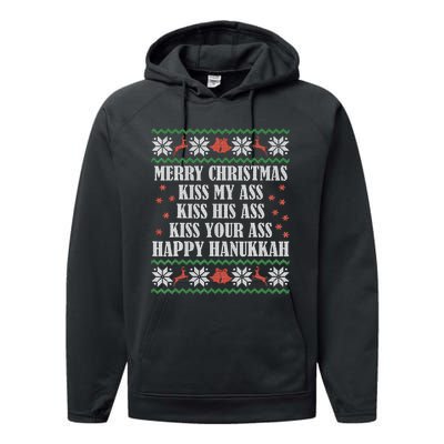 Merry Christmas K.iss My Ass His Ass Your Ass Happy Hanukkah Performance Fleece Hoodie