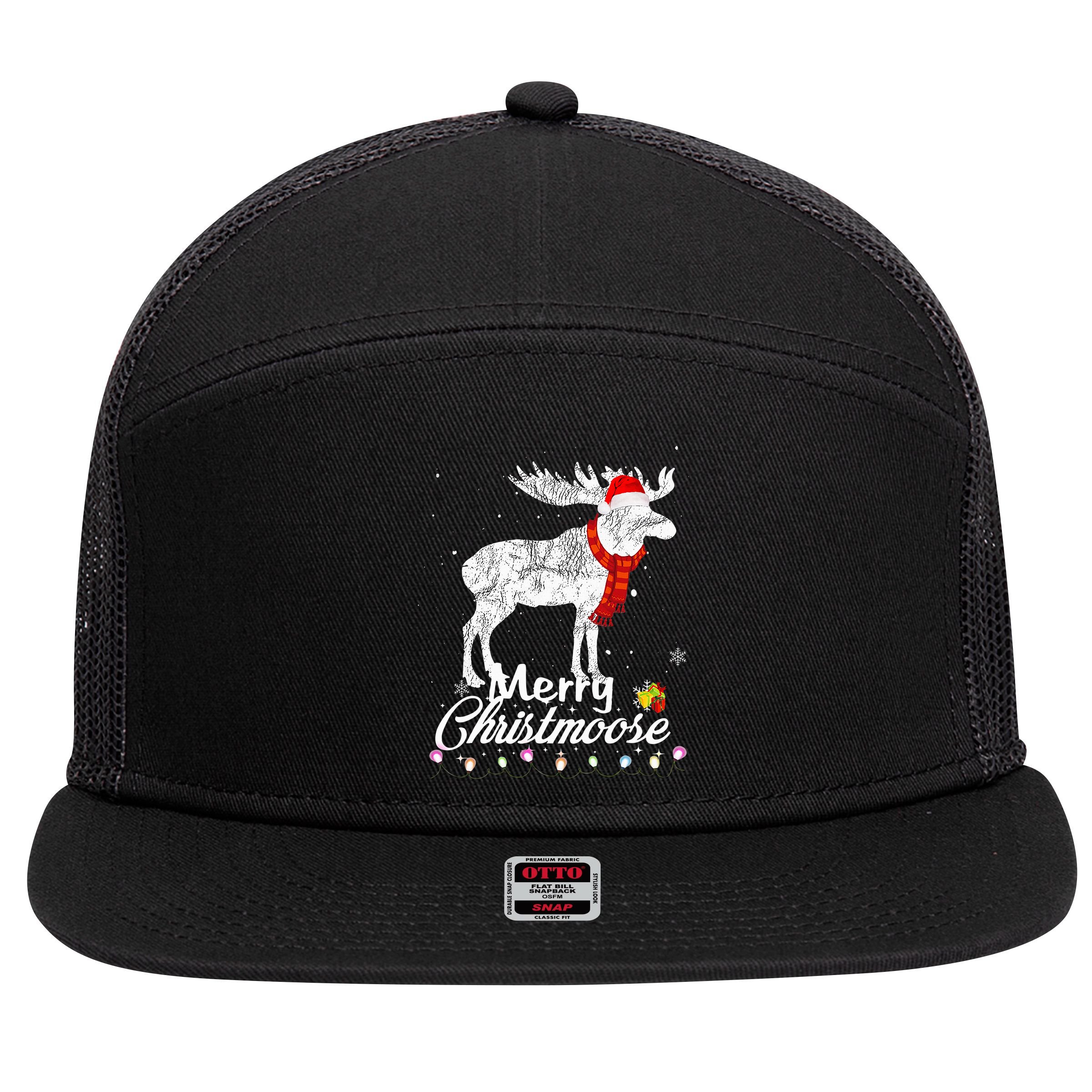 Merry Christmoose Lights Santa Hat Funny Christmas Moose  7 Panel Mesh Trucker Snapback Hat