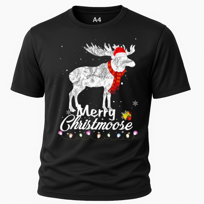 Merry Christmoose Lights Santa Hat Funny Christmas Moose  Cooling Performance Crew T-Shirt
