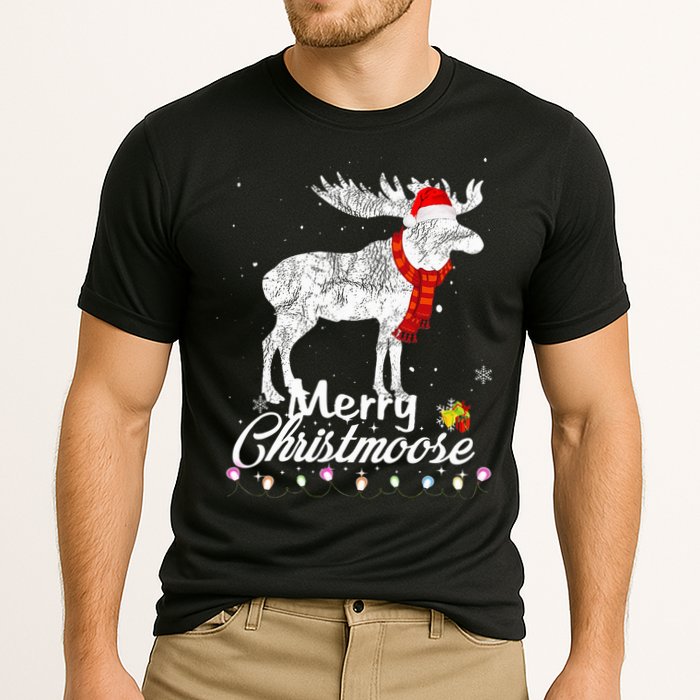 Merry Christmoose Lights Santa Hat Funny Christmas Moose  Cooling Performance Crew T-Shirt