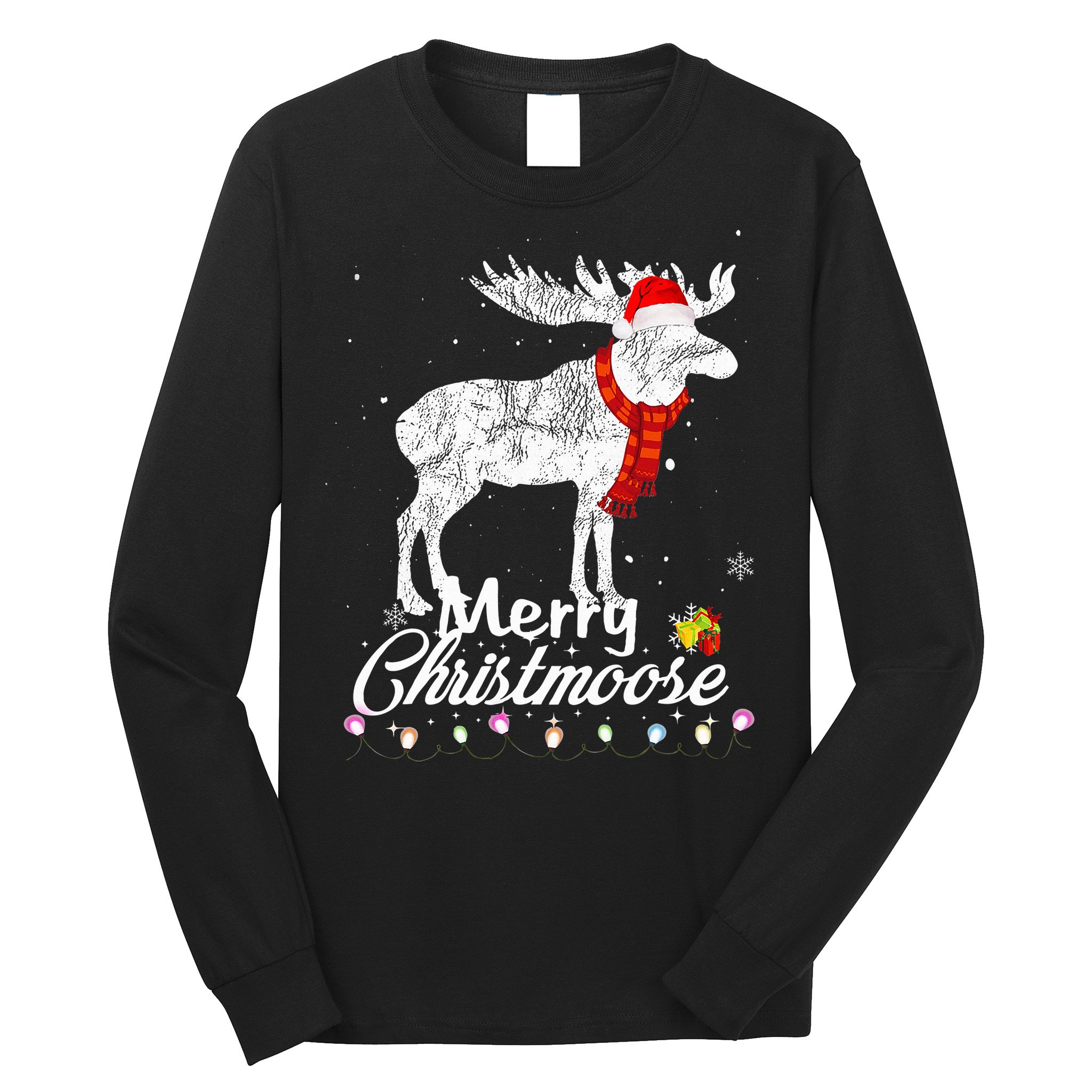 Merry Christmoose Lights Santa Hat Funny Christmas Moose  Long Sleeve Shirt