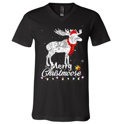 Merry Christmoose Lights Santa Hat Funny Christmas Moose  V-Neck T-Shirt