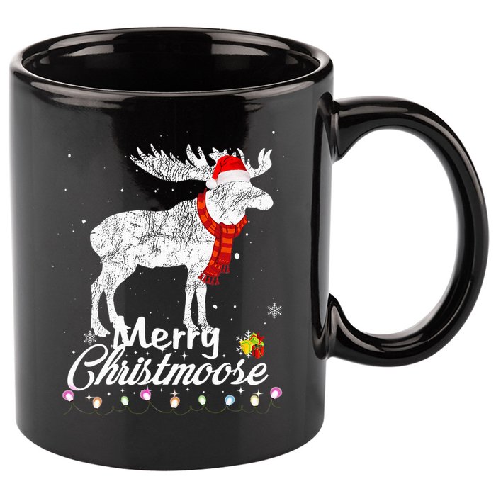 Merry Christmoose Lights Santa Hat Funny Christmas Moose  11oz C Handle Ceramic Mug