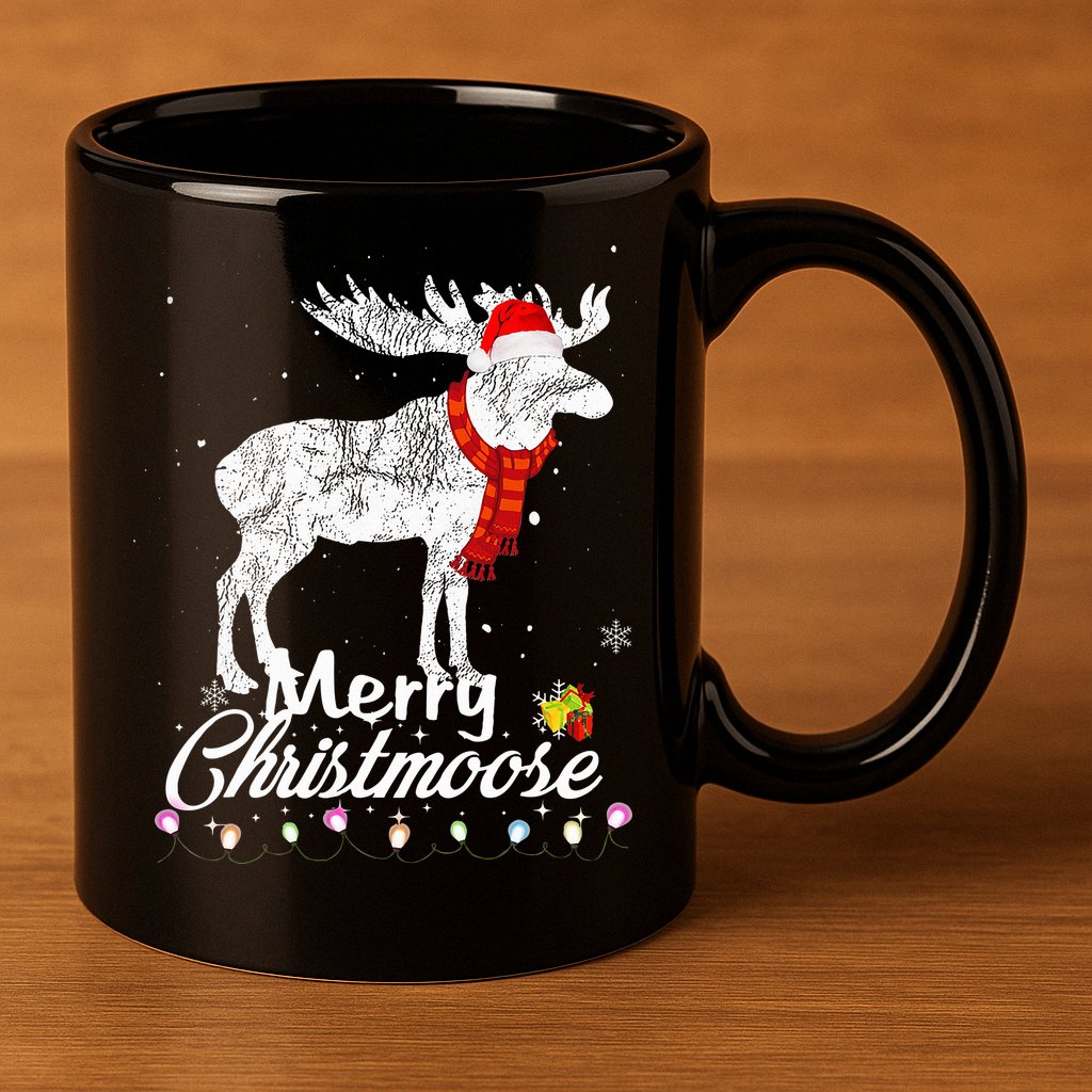 Merry Christmoose Lights Santa Hat Funny Christmas Moose  11oz C Handle Ceramic Mug