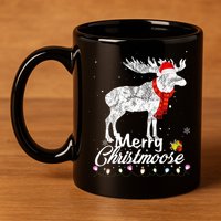 Merry Christmoose Lights Santa Hat Funny Christmas Moose  11oz C Handle Ceramic Mug