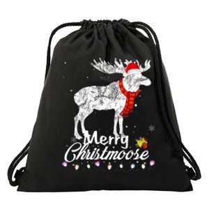 Merry Christmoose Lights Santa Hat Funny Christmas Moose  Drawstring Bag