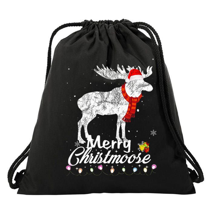 Merry Christmoose Lights Santa Hat Funny Christmas Moose  Drawstring Bag