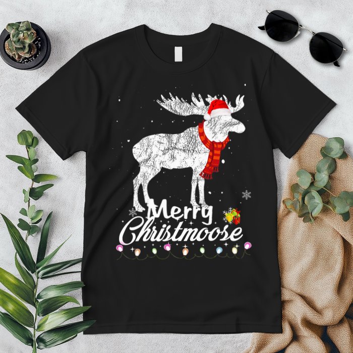 Merry Christmoose Lights Santa Hat Funny Christmas Moose  Premium T-Shirt