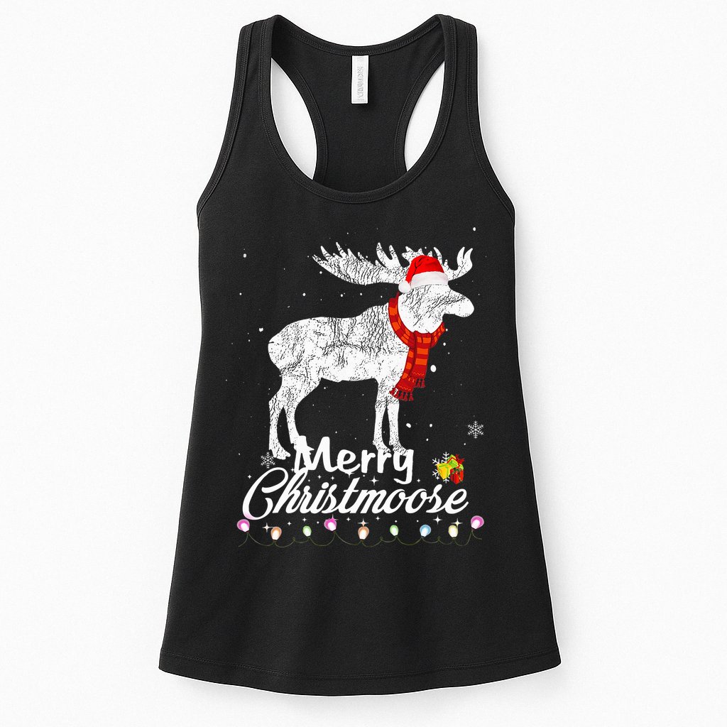 Merry Christmoose Lights Santa Hat Funny Christmas Moose  Womens Tank Top