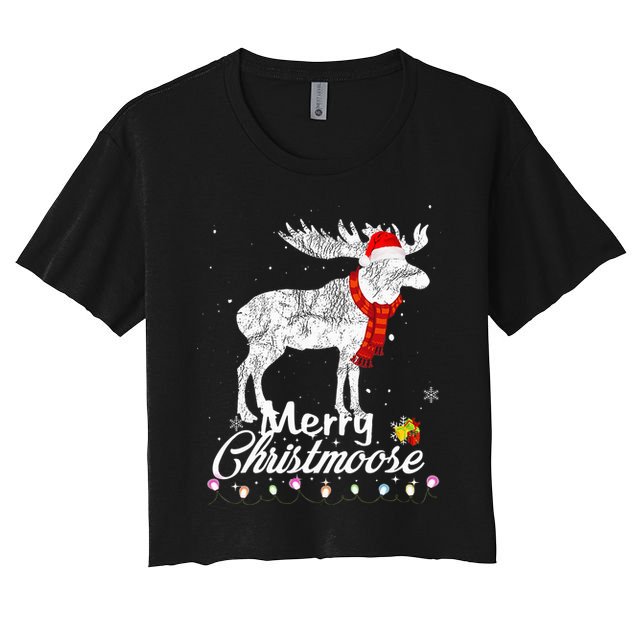 Merry Christmoose Lights Santa Hat Funny Christmas Moose  Crop Top