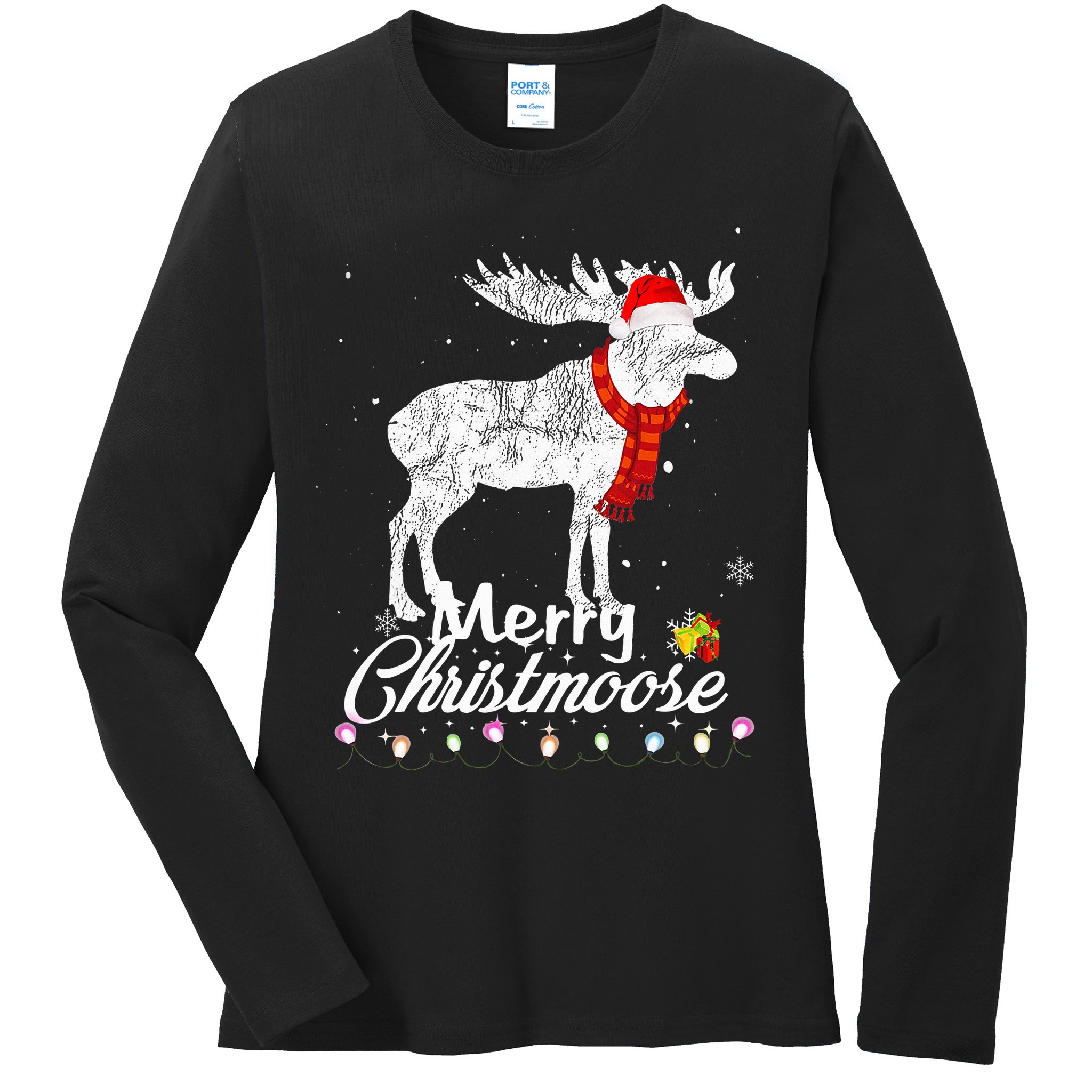 Merry Christmoose Lights Santa Hat Funny Christmas Moose  Ladies Long Sleeve Shirt