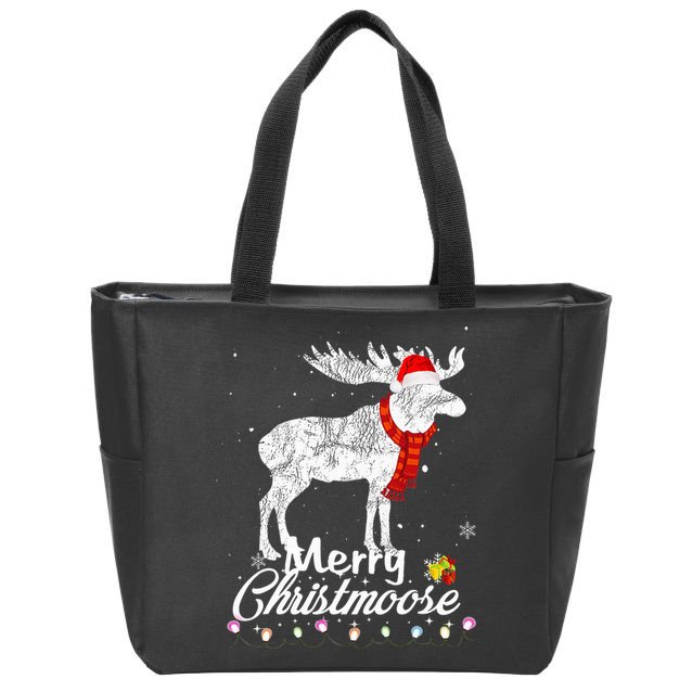 Merry Christmoose Lights Santa Hat Funny Christmas Moose  Zip Tote Bag