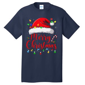 Merry Christmas Lights Red Santa Hat Xmas Family Tall T-Shirt