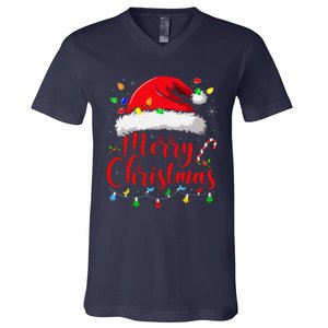 Merry Christmas Lights Red Santa Hat Xmas Family V-Neck T-Shirt