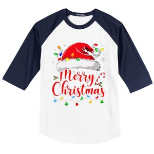 Merry Christmas Lights Red Santa Hat Xmas Family Baseball Sleeve Shirt