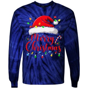 Merry Christmas Lights Red Santa Hat Xmas Family Tie-Dye Long Sleeve Shirt