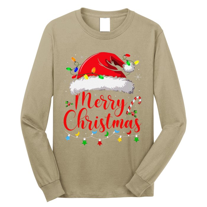 Merry Christmas Lights Red Santa Hat Xmas Family Long Sleeve Shirt