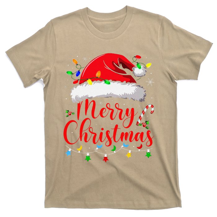 Merry Christmas Lights Red Santa Hat Xmas Family T-Shirt