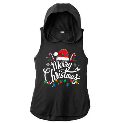 Merry Christmas Lights Red Santa Hat Xmas Family Ladies PosiCharge Tri-Blend Wicking Draft Hoodie Tank