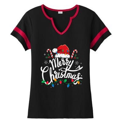 Merry Christmas Lights Red Santa Hat Xmas Family Ladies Halftime Notch Neck Tee