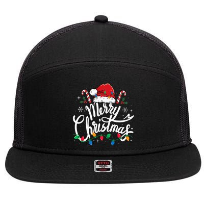 Merry Christmas Lights Red Santa Hat Xmas Family 7 Panel Mesh Trucker Snapback Hat