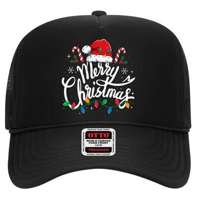 Merry Christmas Lights Red Santa Hat Xmas Family High Crown Mesh Back Trucker Hat