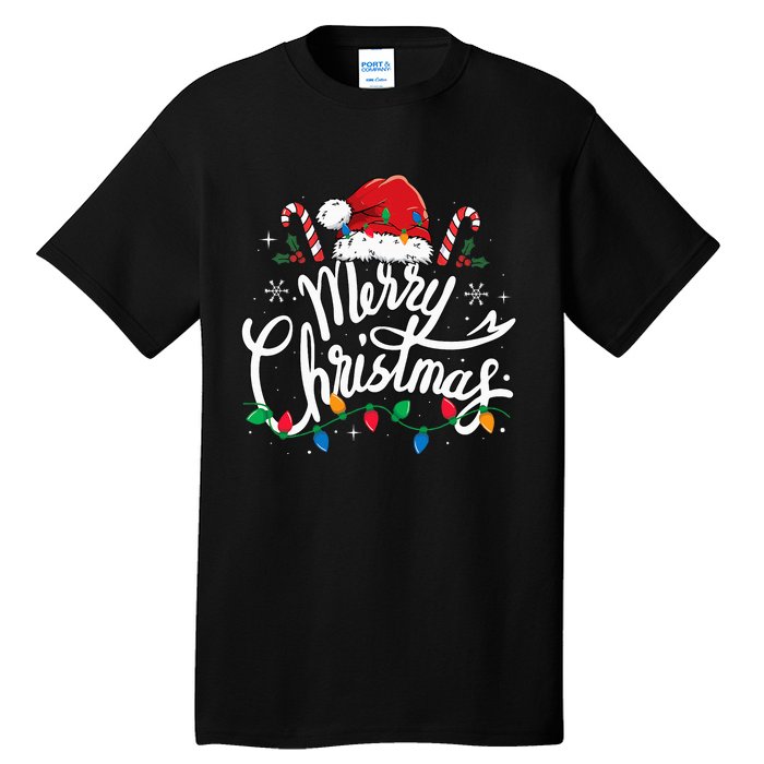 Merry Christmas Lights Red Santa Hat Xmas Family Tall T-Shirt