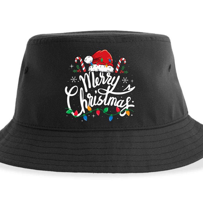 Merry Christmas Lights Red Santa Hat Xmas Family Sustainable Bucket Hat