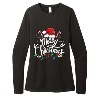 Merry Christmas Lights Red Santa Hat Xmas Family Womens CVC Long Sleeve Shirt