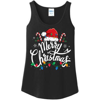 Merry Christmas Lights Red Santa Hat Xmas Family Ladies Essential Tank