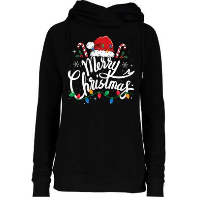 Merry Christmas Lights Red Santa Hat Xmas Family Womens Funnel Neck Pullover Hood