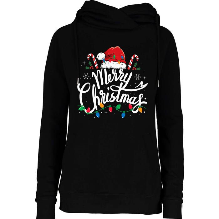 Merry Christmas Lights Red Santa Hat Xmas Family Womens Funnel Neck Pullover Hood