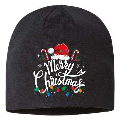 Merry Christmas Lights Red Santa Hat Xmas Family Sustainable Beanie