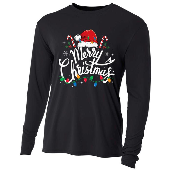 Merry Christmas Lights Red Santa Hat Xmas Family Cooling Performance Long Sleeve Crew