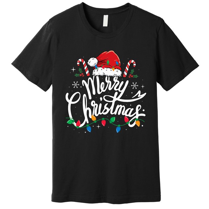 Merry Christmas Lights Red Santa Hat Xmas Family Premium T-Shirt