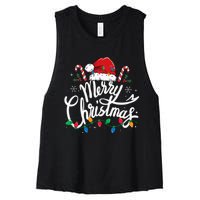 Merry Christmas Lights Red Santa Hat Xmas Family Women's Racerback Cropped Tank