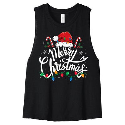 Merry Christmas Lights Red Santa Hat Xmas Family Women's Racerback Cropped Tank