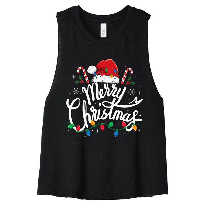 Merry Christmas Lights Red Santa Hat Xmas Family Women's Racerback Cropped Tank