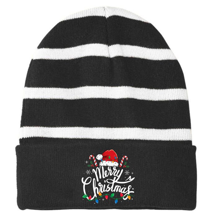 Merry Christmas Lights Red Santa Hat Xmas Family Striped Beanie with Solid Band