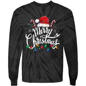 Merry Christmas Lights Red Santa Hat Xmas Family Tie-Dye Long Sleeve Shirt