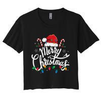 Merry Christmas Lights Red Santa Hat Xmas Family Women's Crop Top Tee