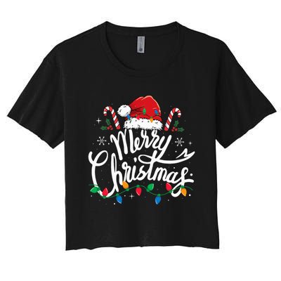 Merry Christmas Lights Red Santa Hat Xmas Family Women's Crop Top Tee