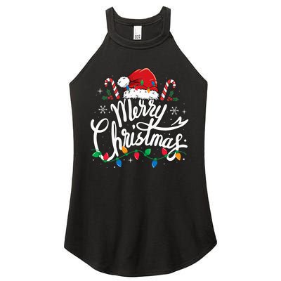 Merry Christmas Lights Red Santa Hat Xmas Family Women's Perfect Tri Rocker Tank