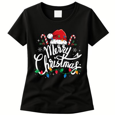 Merry Christmas Lights Red Santa Hat Xmas Family Women's T-Shirt