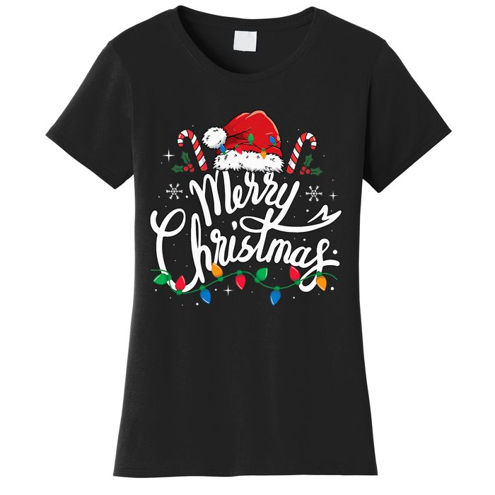 Merry Christmas Lights Red Santa Hat Xmas Family Women's T-Shirt