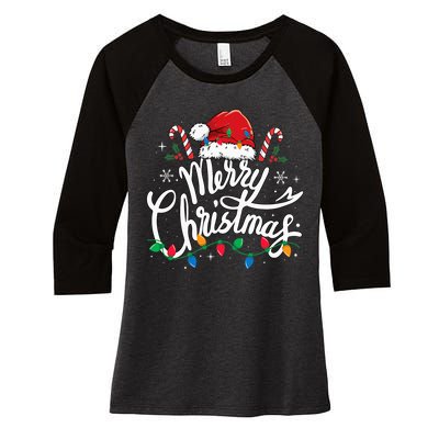 Merry Christmas Lights Red Santa Hat Xmas Family Women's Tri-Blend 3/4-Sleeve Raglan Shirt