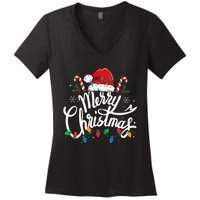 Merry Christmas Lights Red Santa Hat Xmas Family Women's V-Neck T-Shirt