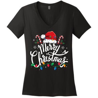 Merry Christmas Lights Red Santa Hat Xmas Family Women's V-Neck T-Shirt